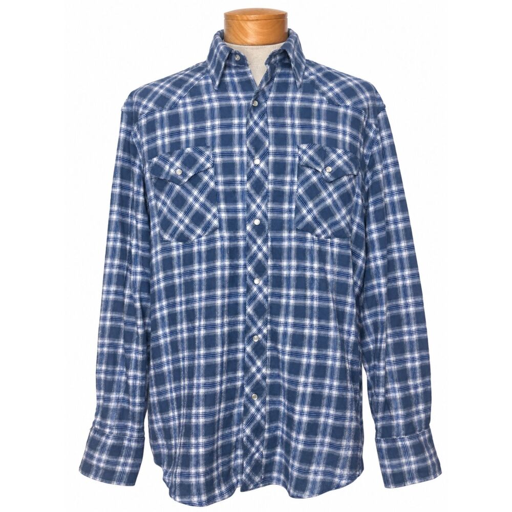 Wrangler Wrancher Men's XL Blue Plaid Flannel Western Pearl Snap Shirt Excellent